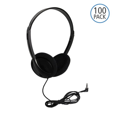 Bulk school headphones in a 100 pack, ideal for educational use with tablets and computers.